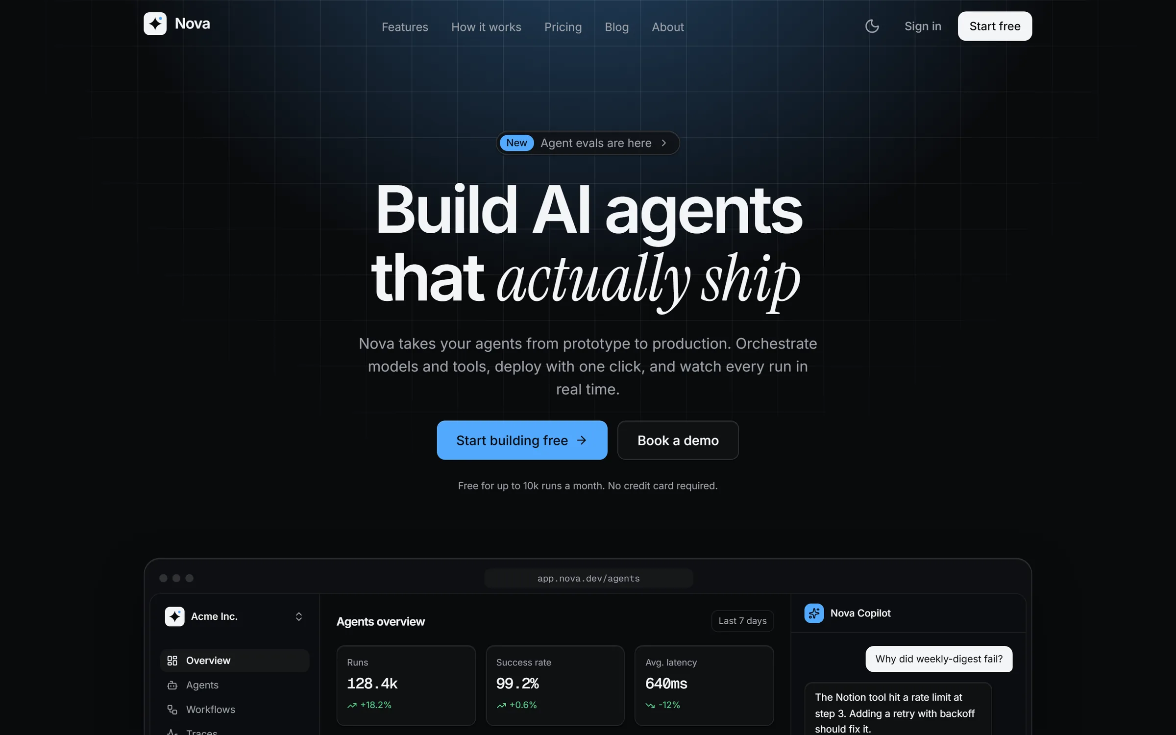 Nova landing page hero in dark mode: the headline “Build AI agents that actually ship”, two call-to-action buttons and an agent dashboard mockup.