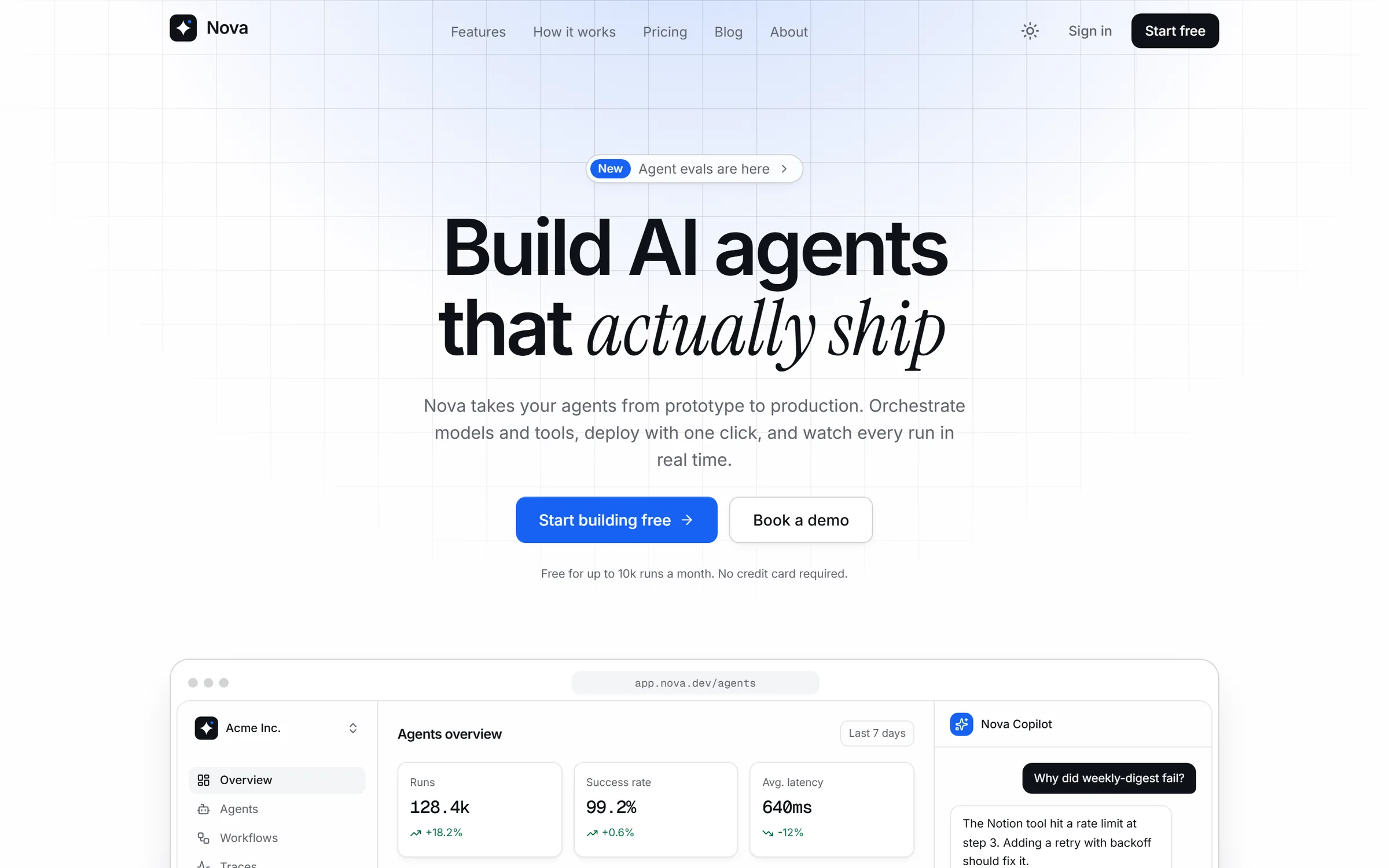Nova landing page hero in light mode.
